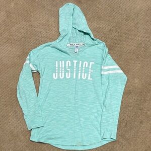 Justice Teal Hooded Long Sleeve Logo Shirt with Athletic Stripes Sz 10